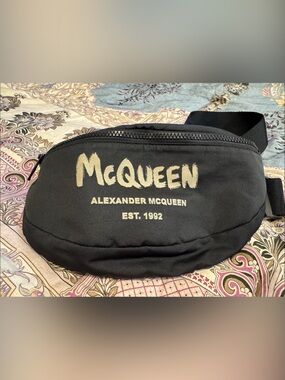 Alexander McQueen Black Belt Bag with Gold Logo Script